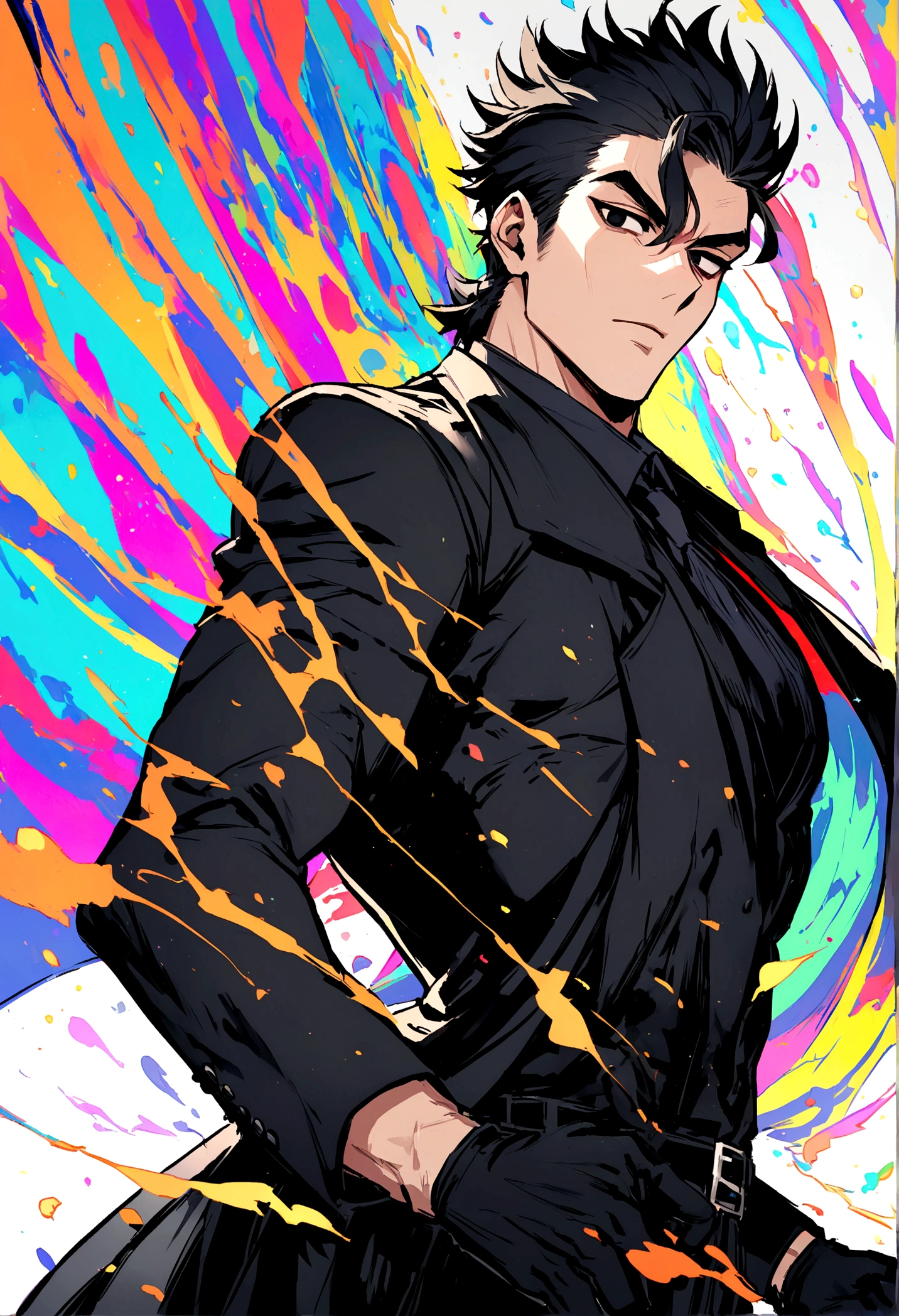 masculine man, high , muscular , with full black suit and open black trench coat , short black hair combed back and black eyes , black belt and black gloves ,Delgado , poca barba negra ,24 years old