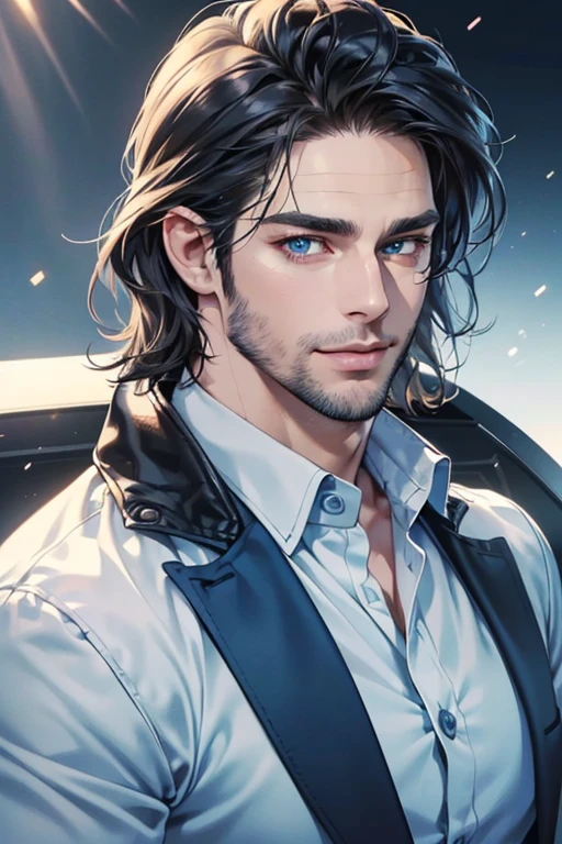a handsome 35 year old man, 3 day beard, dark hair, sharp jawline, (mesmerizing blue eyes), perfectly styled hair, wearing cool anime outfitt, dynamic lighting, (CEO), (expression, smile in love), (best quality,4k,8k,highres,masterpiece:1.2),ultra-detailed,(realistic,photorealistic,photo-realistic:1.37)
