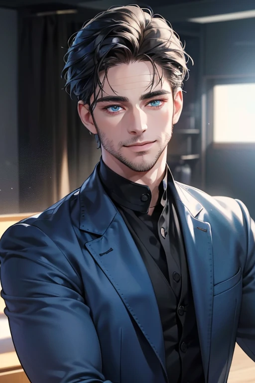 a handsome 35 year old man, 3 day beard, dark hair, sharp jawline, (mesmerizing blue eyes), perfectly styled hair, wearing cool anime outfitt, dynamic lighting, (CEO), (expression, smile in love), (best quality,4k,8k,highres,masterpiece:1.2),ultra-detailed,(realistic,photorealistic,photo-realistic:1.37)