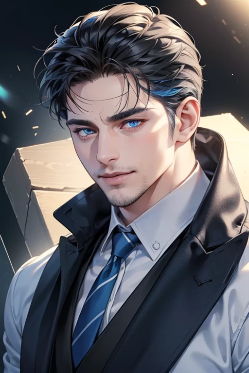 a handsome 35 year old man, 3 day beard, dark hair, sharp jawline, (mesmerizing blue eyes), perfectly styled hair, wearing cool anime outfitt, dynamic lighting, (CEO), (expression, smile in love), (best quality,4k,8k,highres,masterpiece:1.2),ultra-detailed,(realistic,photorealistic,photo-realistic:1.37)