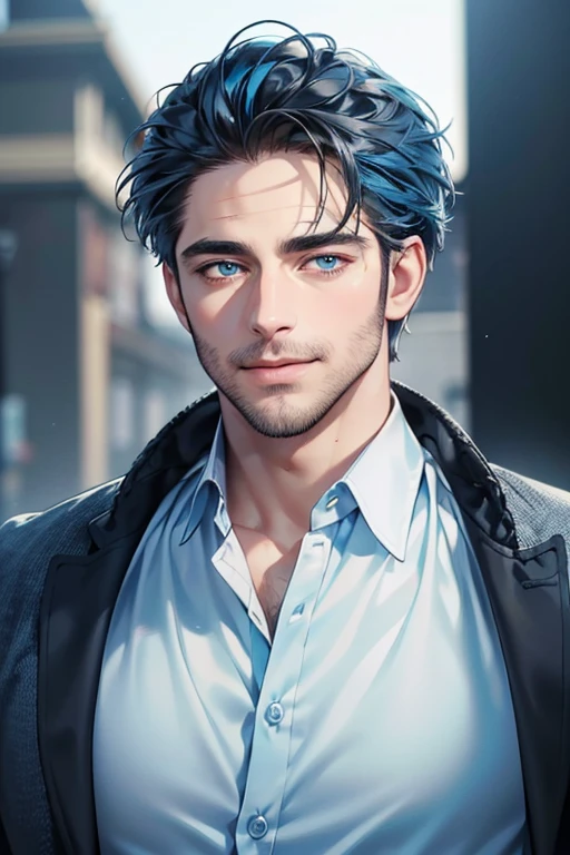 a handsome 35 year old man, 3 day beard, dark hair, sharp jawline, (mesmerizing blue eyes), perfectly styled hair, wearing cool anime outfitt, dynamic lighting, (CEO), (expression, smile in love), (best quality,4k,8k,highres,masterpiece:1.2),ultra-detailed,(realistic,photorealistic,photo-realistic:1.37)
