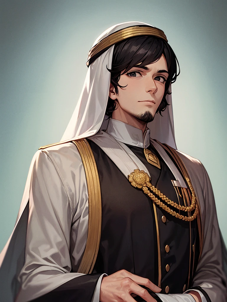 An adult man with curly black hair and black eyes, wearing an Emirati uniform and a hat on his head
