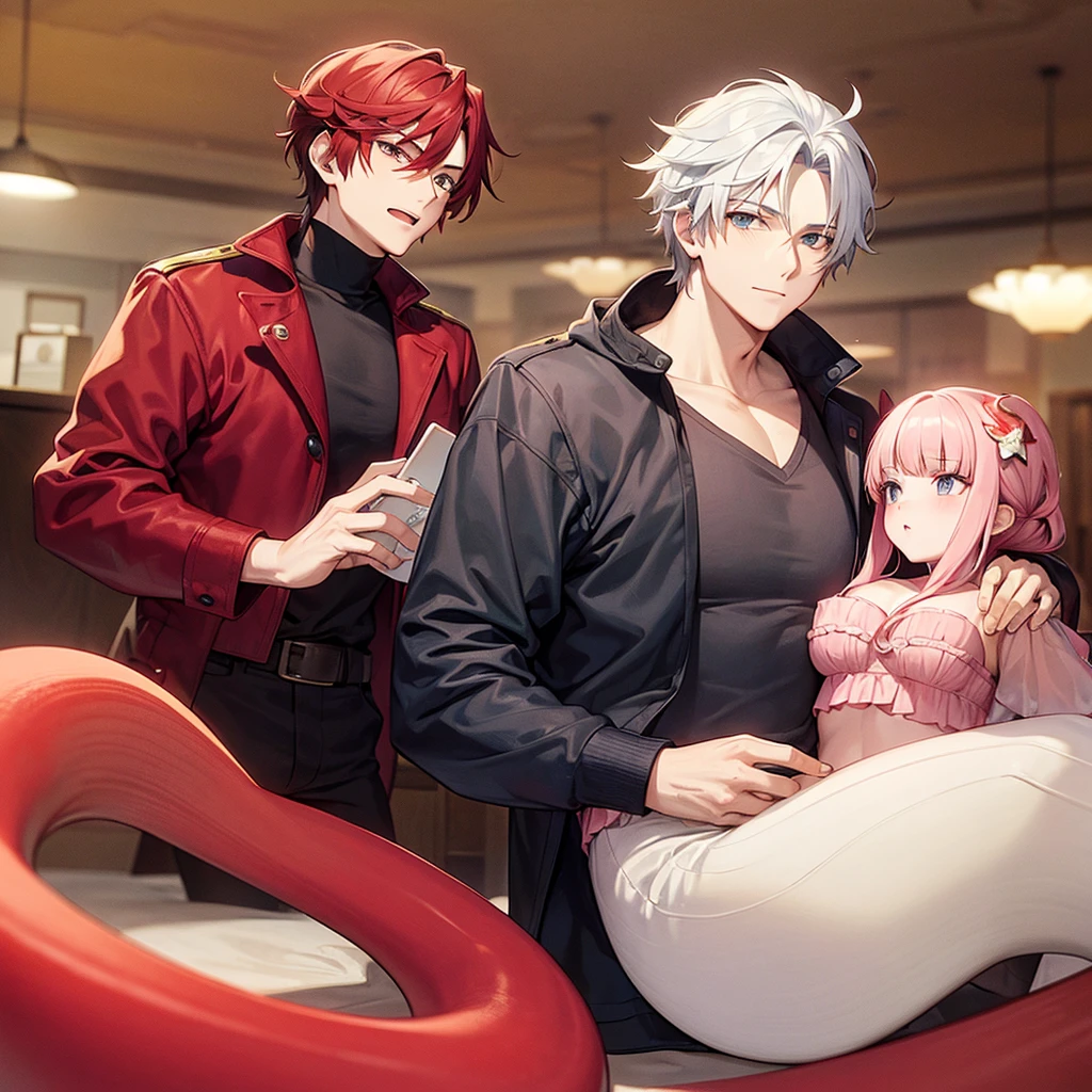 A man with red and white hair and a mermaid