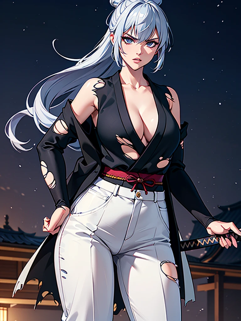 a female samurai, beautiful detailed eyes, beautiful detailed lips, extremely detailed face, long eyelashes,hyper realistic lighting,(super detailed:1.3),((best quality:1.2)),((masterpiece:1.2)),female focus,lonely beauty,(nighttime:1.6),(standing in a medieval europe castletown),cowboy shot,cleavage,((white chest sarashi:1.125)),topknot,muted dark blue hair,(white samurai coat),(black samurai pants:1.3),(angry:1.05),(wearing one sleeve),(torn sleeve:1.4),(katana sword on hip:1.06),(torn clothing:1.1)
