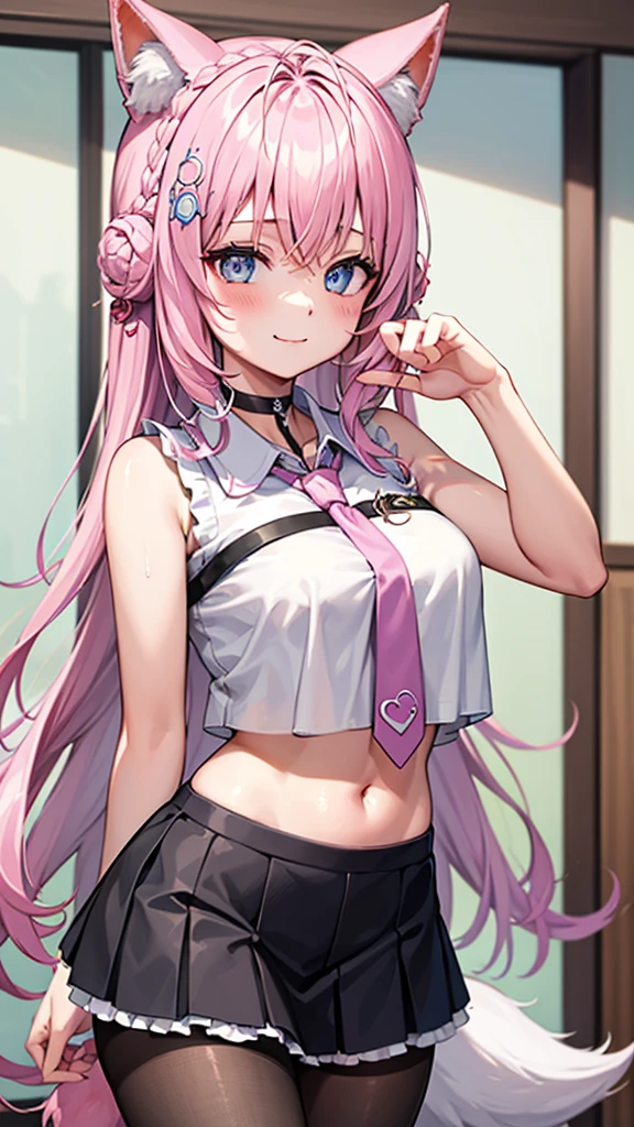 The Masterpiece,best qualiy,Hi-Res,standing a,DEF1,lora:Koyori-000015:1,Pink tie,tights,hairornaments,lilac eyes,One-sided braid,smiles,1girl, animal ear fluff, animal ears, arm behind back, bangs, black choker, black skirt, blue eyes, blush, braid, braided bun, breasts, brown pantyhose, choker, closed mouth, cowboy shot, (pose), crown braid, double bun, frilled skirt, frills, hair bun, hair ornament, hakui koyori, indoors, long hair, medium breasts, midriff, Miniskirt, navel, necktie, pantyhose, pink hair, pink necktie, shirt, skirt, sleeveless, sleeveless shirt, smile, 独奏, standing, tail, hite shirt, wolf ears, Wolf tail, masterpiece,highres,best quality, masterpiece, best quality, ultra-detailed,Covered in white milk、Bathed in white milk、White milk poured over his head、White milk poured over his head、Wet with white milk