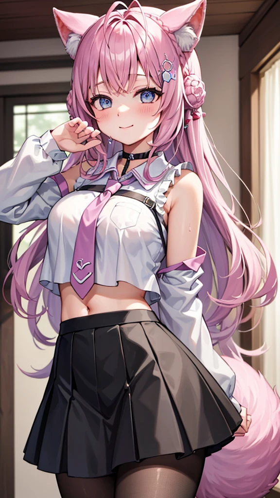 The Masterpiece,best qualiy,Hi-Res,standing a,DEF1,lora:Koyori-000015:1,Pink tie,tights,hairornaments,lilac eyes,One-sided braid,smiles,1girl, animal ear fluff, animal ears, arm behind back, bangs, black choker, black skirt, blue eyes, blush, braid, braided bun, breasts, brown pantyhose, choker, closed mouth, cowboy shot, (pose), crown braid, double bun, frilled skirt, frills, hair bun, hair ornament, hakui koyori, indoors, long hair, medium breasts, midriff, Miniskirt, navel, necktie, pantyhose, pink hair, pink necktie, shirt, skirt, sleeveless, sleeveless shirt, smile, 独奏, standing, tail, hite shirt, wolf ears, Wolf tail, masterpiece,highres,best quality, masterpiece, best quality, ultra-detailed,Covered in white milk、Bathed in white milk、White milk poured over his head、White milk poured over his head、Wet with white milk