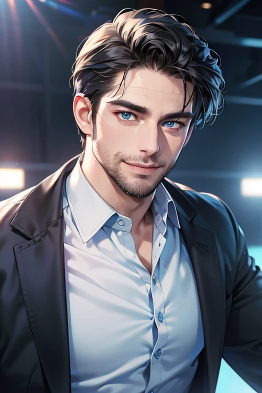 a handsome 35 year old man, 3 day beard, dark hair, sharp jawline, (mesmerizing blue eyes), perfectly styled hair, wearing cool anime outfitt, dynamic lighting, (CEO), (expression, smile in love), (best quality,4k,8k,highres,masterpiece:1.2),ultra-detailed,(realistic,photorealistic,photo-realistic:1.37)