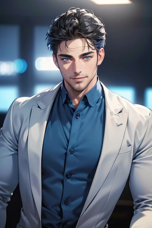 a handsome 35 year old man, 3 day beard, dark hair, sharp jawline, (mesmerizing blue eyes), perfectly styled hair, wearing cool anime outfitt, dynamic lighting, (CEO), (expression, smile in love), (best quality,4k,8k,highres,masterpiece:1.2),ultra-detailed,(realistic,photorealistic,photo-realistic:1.37)