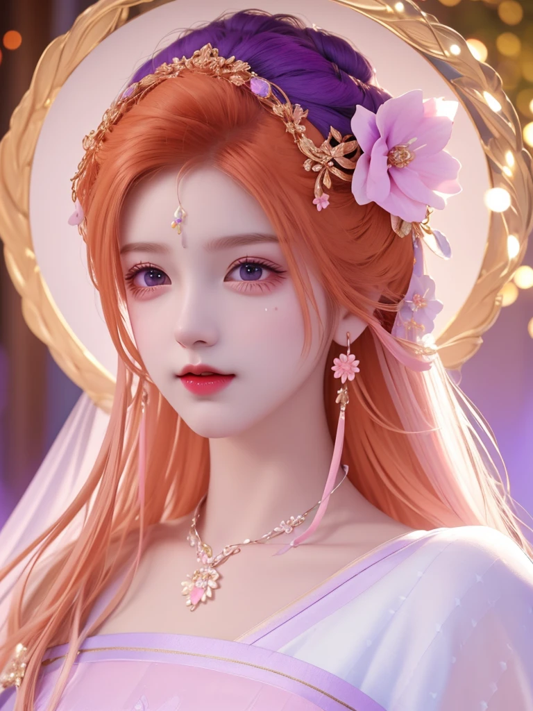 best quality, masterpiece, High target, There is a girl with a basket of flowers on her head, beautiful clothes, Hair Decorationss, necklace, Decorations, Pretty Face, When the body, Tyndall effect, Realistic Portraits, Edge lighting, Two-color light, (Very delicate skin:1.2), 8K uhd, Digital SLR Camera, Soft Light, high quality, Volumetric Lighting, Honest, photo, high resolution, 4K, 8K, Bokeh, Orange hair,purple hair ends, Pink Eyes.