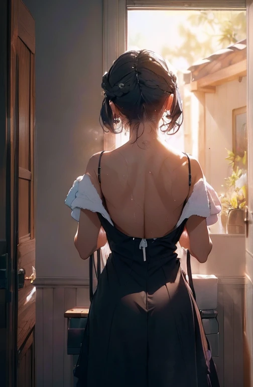 beautiful woman from the side, looking down, lob haircut, bending head forward, hanging hair, shiny black hair, anime style, wearing loose white camisole, bare legs, arrogant, cocky, (best quality,4k,8k,highres,masterpiece:1.2),ultra-detailed, HDR,UHD,studio lighting,ultra-fine painting,sharp focus,physically-based rendering,extreme detail description,professional,vivid colors,bokeh,portraits, seinen anime, serious anime