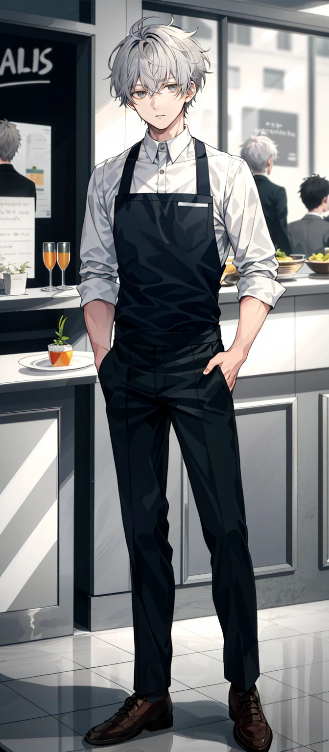 1 boy, 25 years old, full body, waiter, short hair, grey hair, messy hair, undercut,