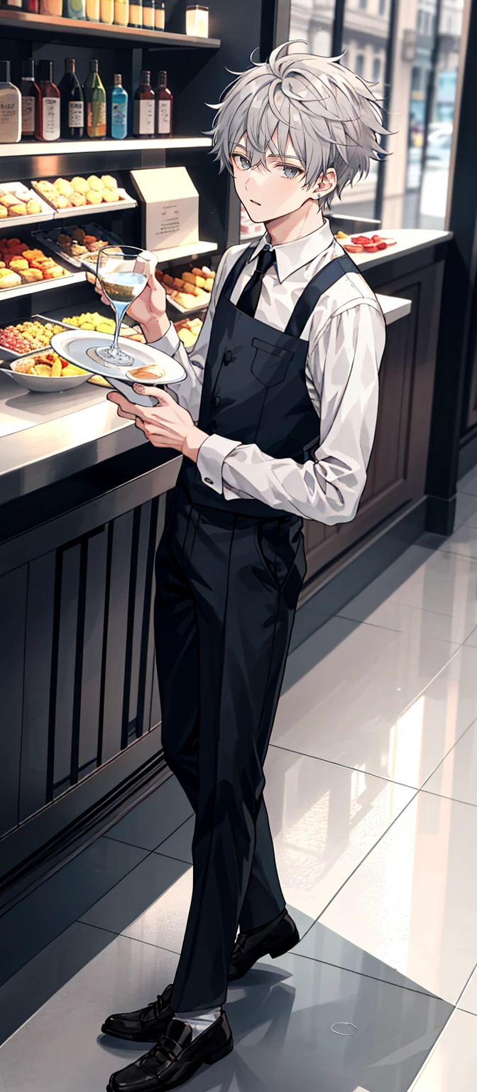1 boy, 25 years old, full body, waiter, short hair, grey hair, messy hair, undercut,