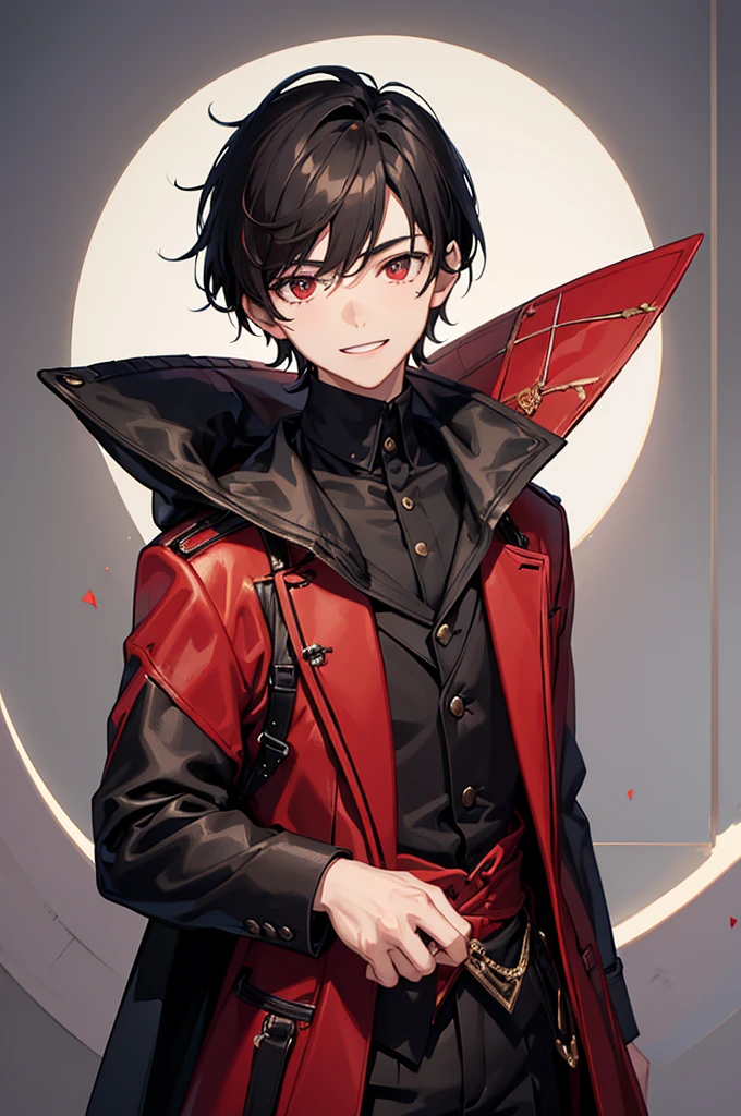 ((best quality)), ((masterpiece)), (detailed), boy in black and red coat, small smile showing teeth, black hair with red highlights 
