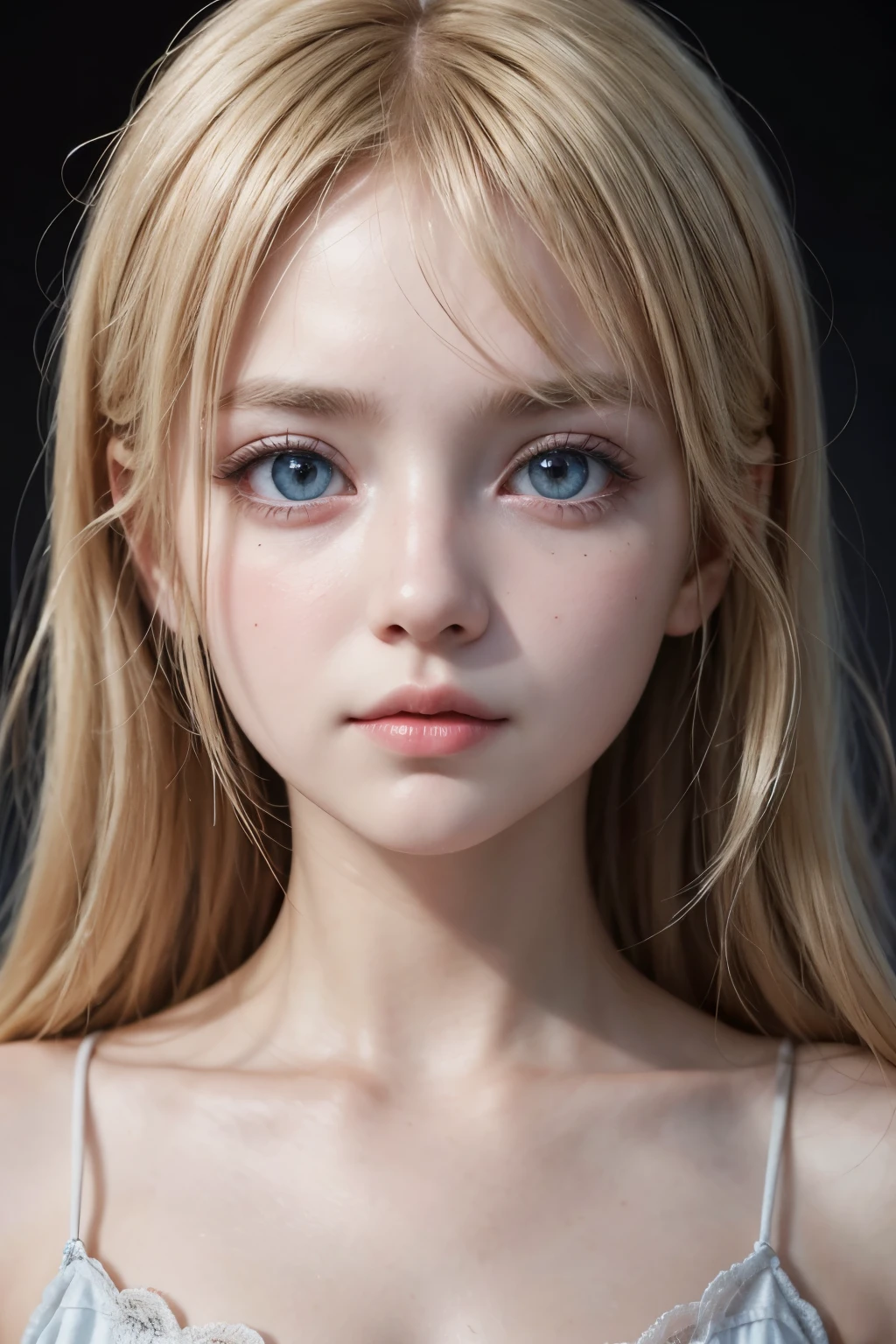 1 girl, star eye, blush, perfect lighting, blonde with russian aspects , Eyes red, engine unreal, side lighting, face detailed, bangss, shining skin, simple background, dark background with child's bikini on full adult body standing fully framed
