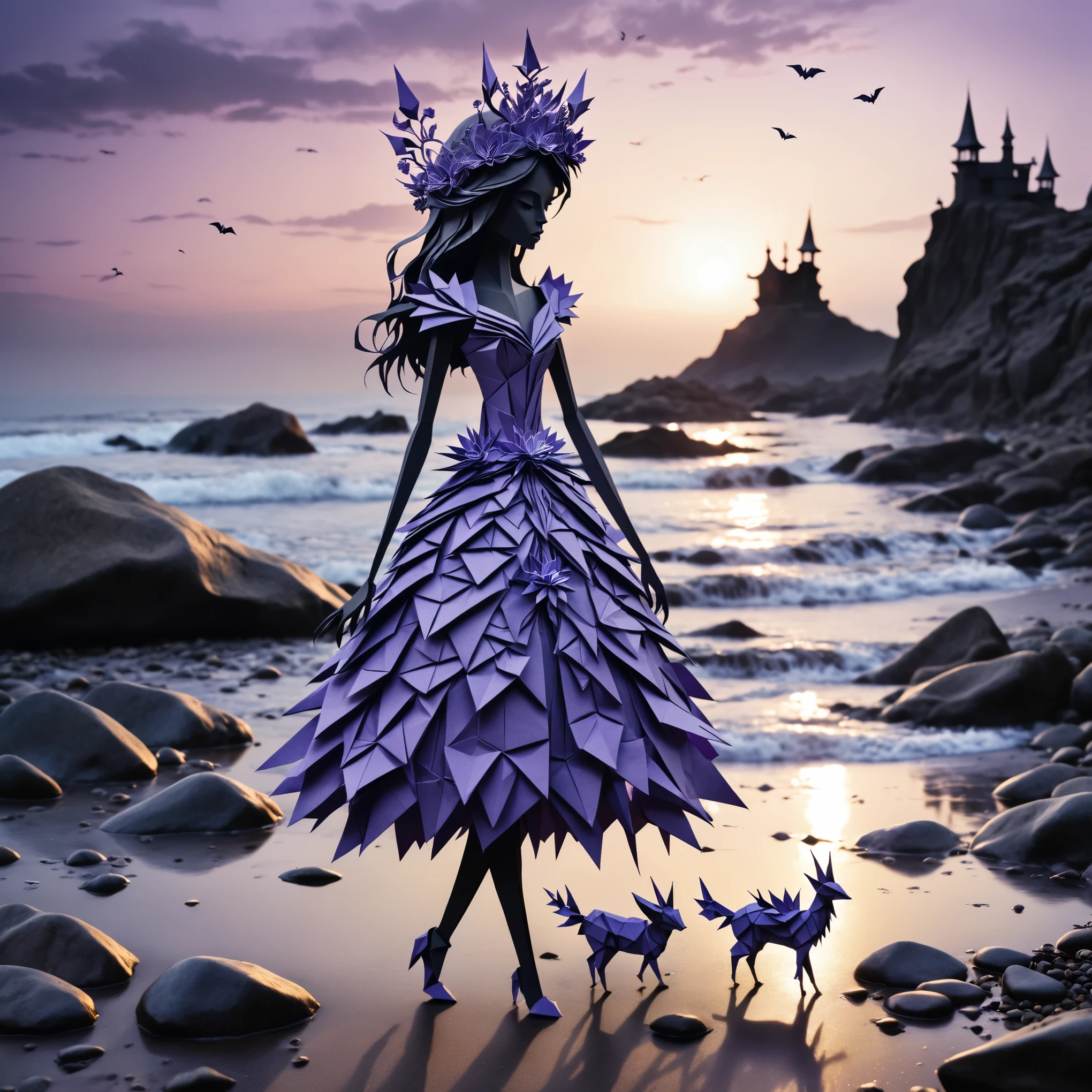 A beautiful Origami creature with a lavender paper flowers tiara walks on a creepy rocky beach, origami style, paper cut, multilayered papercut,   sunset, shadowlike ghost floating, nightmare, gloomy, slightly influenced by Tim Burton and Luis Royo, highly detailed.