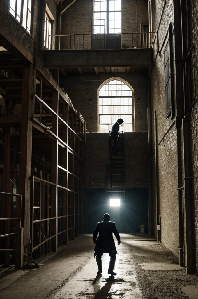 An image of the magistrate sneaking into the mill while Lucas is outside 