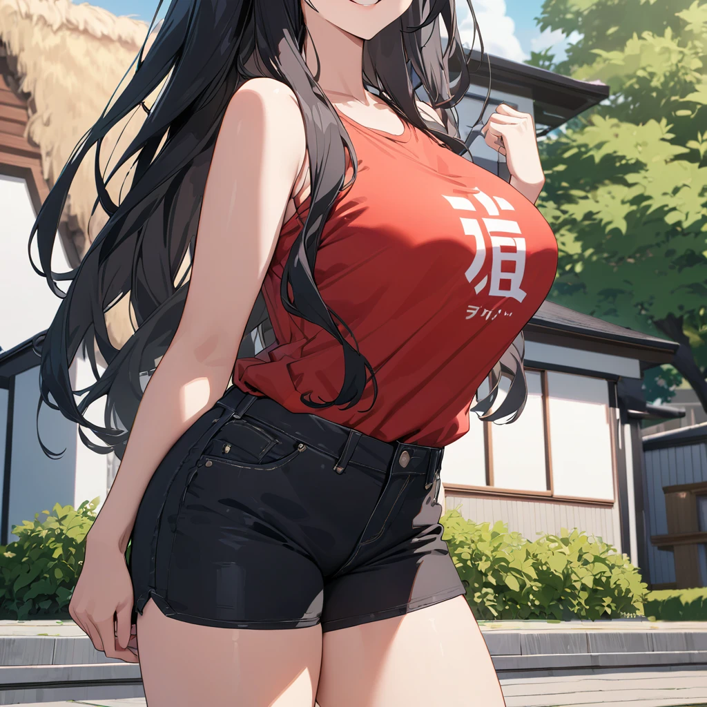 A woman wearing a red shirt with white kanji office, wearing black denim shorts, sports boots, black hair, long hair, ahoge hair, red eyes, smiling, big breasts, perfect face, perfect eyes, standing outside a modern house , with traditional Japanese aesthetics in the background, lawn, close view, daytime location,UHD, prime work, accurate, anatomically correct, textured skin, super details, high quality, best quality, 8k, high resolution, bokeh effect. (woman alone)
