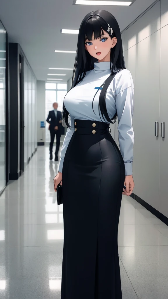 (masterpiece), (best quality), (ultra-detailed), ((girl, 29 years old)), an extremely delicate and beautiful, detailed eyes, minute details, (black hair, long hair, straight hair, hair between eyes), ((big breasts)), smile, open mouth, ((beautiful eyes)), (blue eyes), (upper body), she is wearing a blue dress, (detailed clothes), (detailed background, in a hospital, hospital hallway), (monochrome)