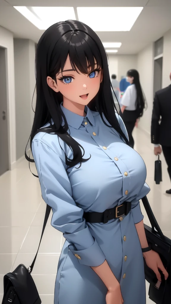 (masterpiece), (best quality), (ultra-detailed), ((girl, 29 years old)), an extremely delicate and beautiful, detailed eyes, minute details, (black hair, long hair, straight hair, hair between eyes), ((big breasts)), smile, open mouth, ((beautiful eyes)), (blue eyes), (upper body), she is wearing a blue dress, (detailed clothes), (detailed background, in a hospital, hospital hallway), (monochrome)