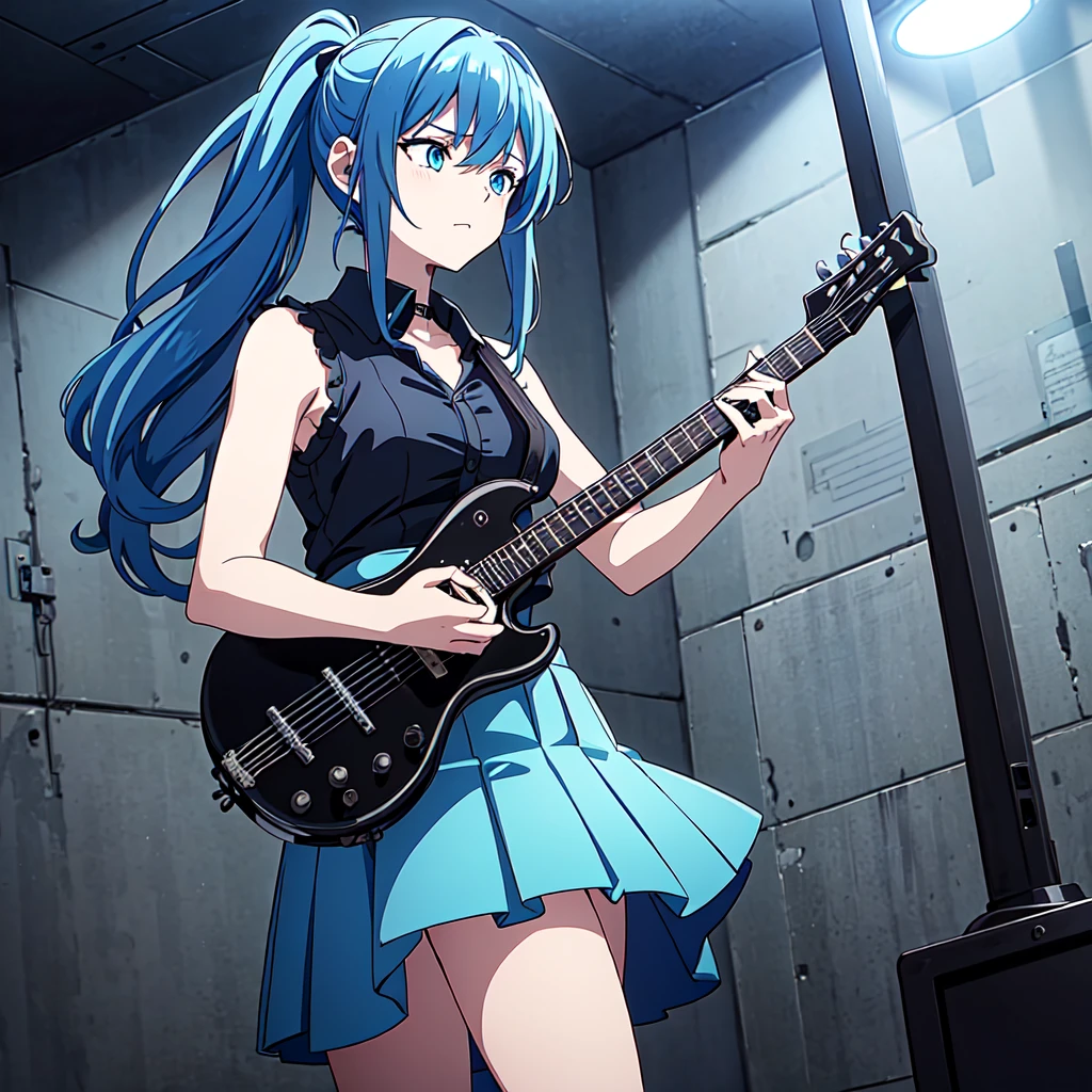 A masterpiece of a young woman, showcasing her unique style and musical talents. In the dimly lit interior, with soft blue accents on the walls, she stands confidently with one leg slightly raised, her electric guitar slung over her shoulder. Her striking features include piercing blue eyes, a double ponytail adorned with teal hair extensions, and a pleated skirt that flows like a dark waterfall down her legs. A black shirt accentuates her toned physique, while headphones wrap around her neck, a symbol of her passion for music. As she plays the guitar, her long hair cascades down her back, a mesmerizing sight as she sings with conviction, the spotlight on her face illuminating her radiant beauty.