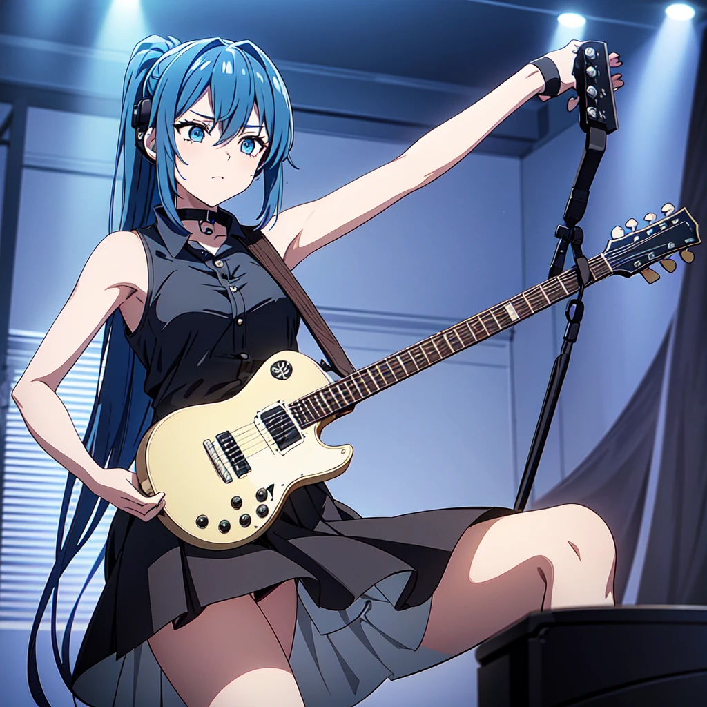 A masterpiece of a young woman, showcasing her unique style and musical talents. In the dimly lit interior, with soft blue accents on the walls, she stands confidently with one leg slightly raised, her electric guitar slung over her shoulder. Her striking features include piercing blue eyes, a double ponytail adorned with teal hair extensions, and a pleated skirt that flows like a dark waterfall down her legs. A black shirt accentuates her toned physique, while headphones wrap around her neck, a symbol of her passion for music. As she plays the guitar, her long hair cascades down her back, a mesmerizing sight as she sings with conviction, the spotlight on her face illuminating her radiant beauty.