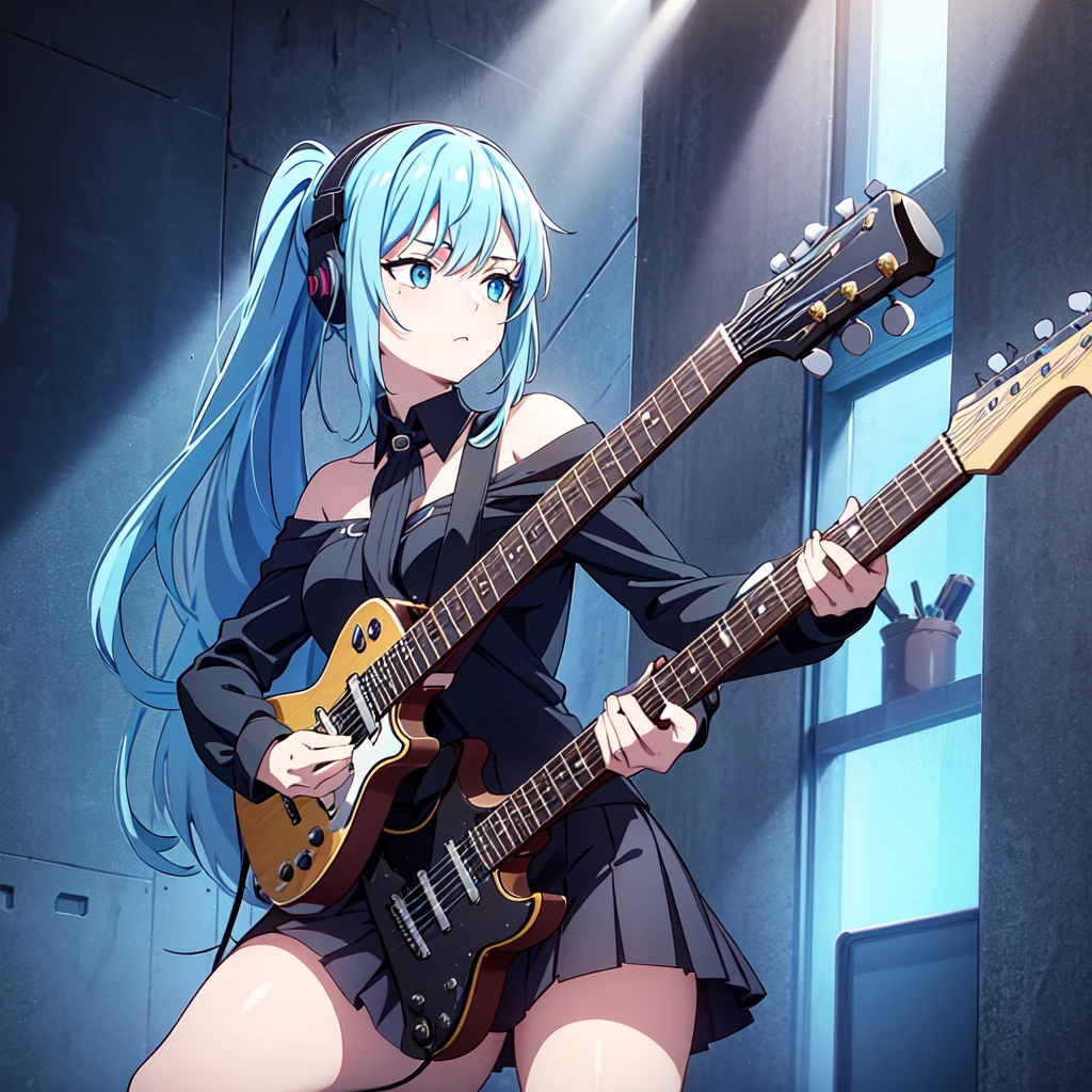 A masterpiece of a young woman, showcasing her unique style and musical talents. In the dimly lit interior, with soft blue accents on the walls, she stands confidently with one leg slightly raised, her electric guitar slung over her shoulder. Her striking features include piercing blue eyes, a double ponytail adorned with teal hair extensions, and a pleated skirt that flows like a dark waterfall down her legs. A black shirt accentuates her toned physique, while headphones wrap around her neck, a symbol of her passion for music. As she plays the guitar, her long hair cascades down her back, a mesmerizing sight as she sings with conviction, the spotlight on her face illuminating her radiant beauty.