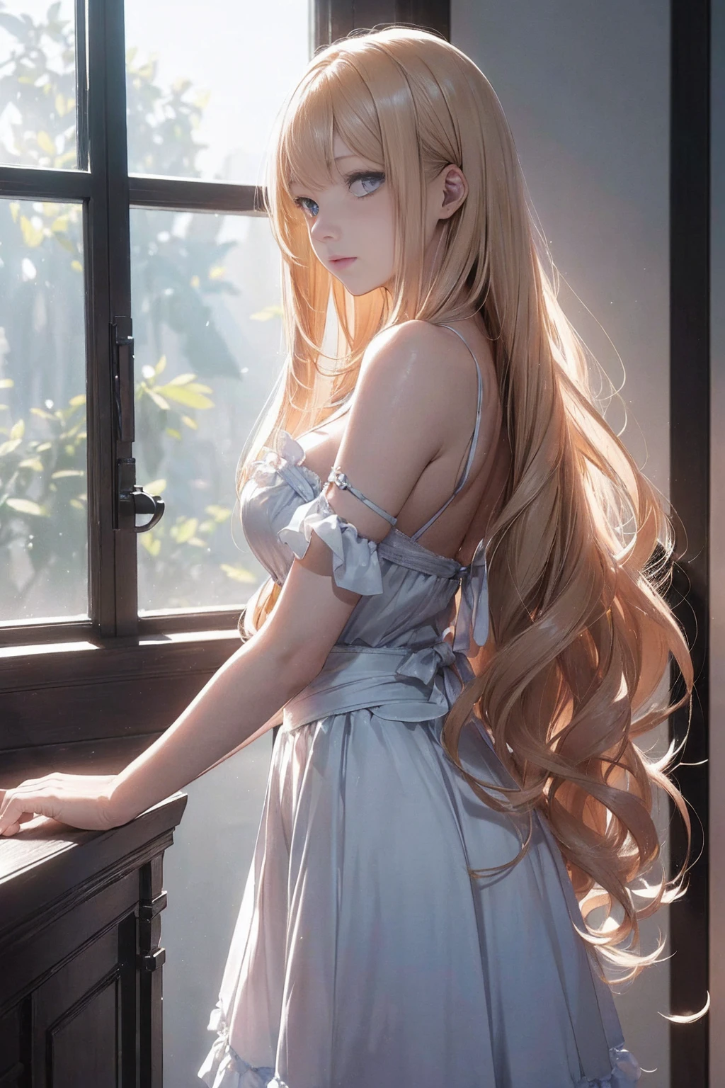 ((1 Female, 1 person, Solitary) Alice, Humanity, Long curly blond hair, blue eyes, freckle, ager, 18 years, Rebirth_ongoing) (Main Part, Super detailed, 8K, (HD, Sunlight:0.5, Soft_shadow:0.5, atmosphere_light, 8K, 4K, Surrealism, elegant, ((((Appearance)))), Soft Ton, 柔和的light))(((Dark, Chiaroscuro)))