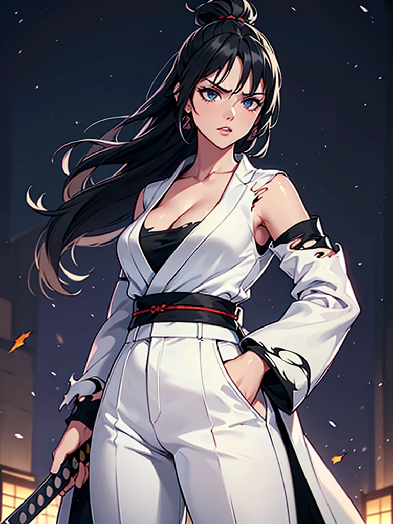 a female samurai, beautiful detailed eyes, beautiful detailed lips, extremely detailed face, long eyelashes,hyper realistic lighting,(super detailed:1.3),((best quality:1.2)),((masterpiece:1.2)),female focus,lonely beauty,(nighttime:1.6),(standing in a medieval europe castletown),cowboy shot,cleavage,((white chest sarashi:1.125)),topknot,muted dark blue hair,(white samurai coat),(black samurai pants:1.3),(angry:1.05),(wearing one sleeve),(torn sleeve:1.4),(katana sword on hip:1.06),(torn clothing:1.1),((black hair))