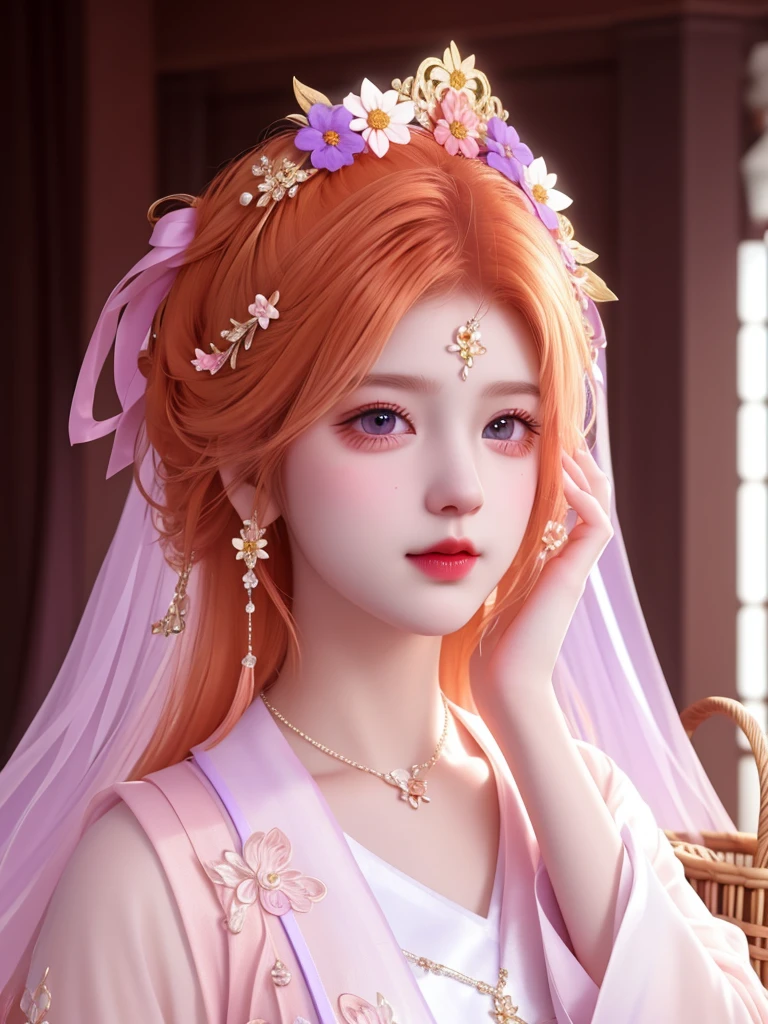 best quality, masterpiece, High target, There is a girl with a basket of flowers on her head, beautiful clothes, Hair Decorationss, necklace, Decorations, Pretty Face, When the body, Tyndall effect, Realistic Portraits, Edge lighting, Two-color light, (Very delicate skin:1.2), 8K uhd, Digital SLR Camera, Soft Light, high quality, Volumetric Lighting, Honest, photo, high resolution, 4K, 8K, Bokeh, Orange hair,purple hair ends, Pink Eyes.