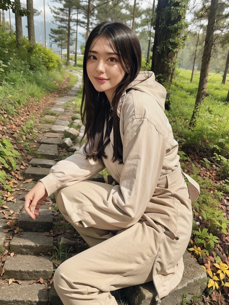 rie,One Woman,(best quality), (ultra detailed), (absolutely resolution),Face is front, 28 years old, Arm entanglement, Trench coat and wide pants, The color of the clothes is beige, The pattern on her clothes is hearts, Blonde, Foggy lakeside forest