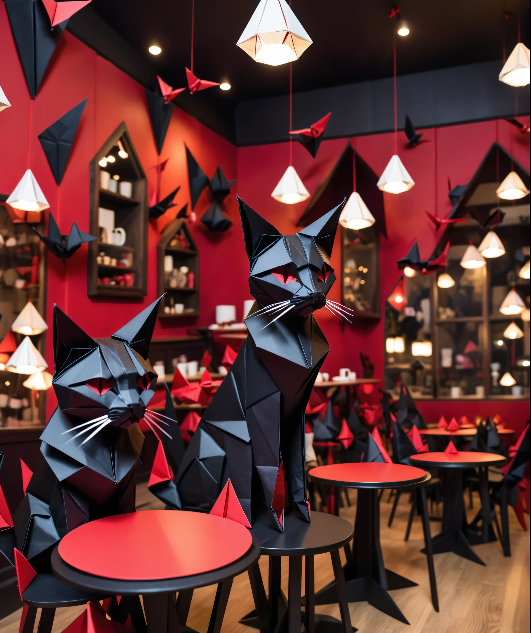 Origami cat café, origami gothic style, mostly red and black tones, origami cats, origami customers, whimsical,
