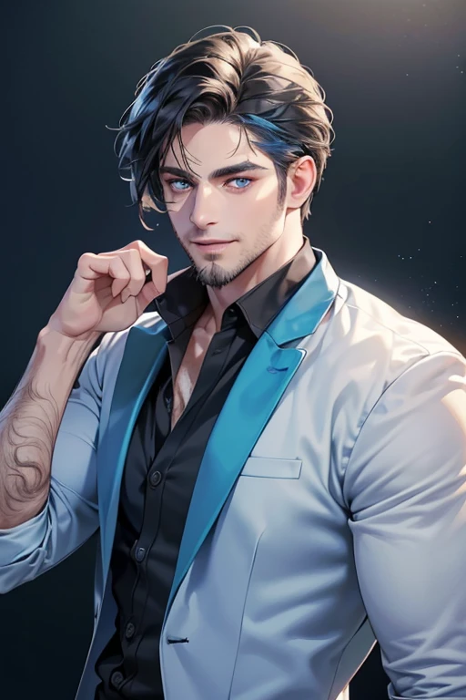 a handsome 35 year old man, 3 day beard, dark hair, sharp jawline, (mesmerizing blue eyes), perfectly styled hair, wearing cool anime outfitt, dynamic lighting, (CEO), (expression, smile in love), (best quality,4k,8k,highres,masterpiece:1.2),ultra-detailed,(realistic,photorealistic,photo-realistic:1.37)