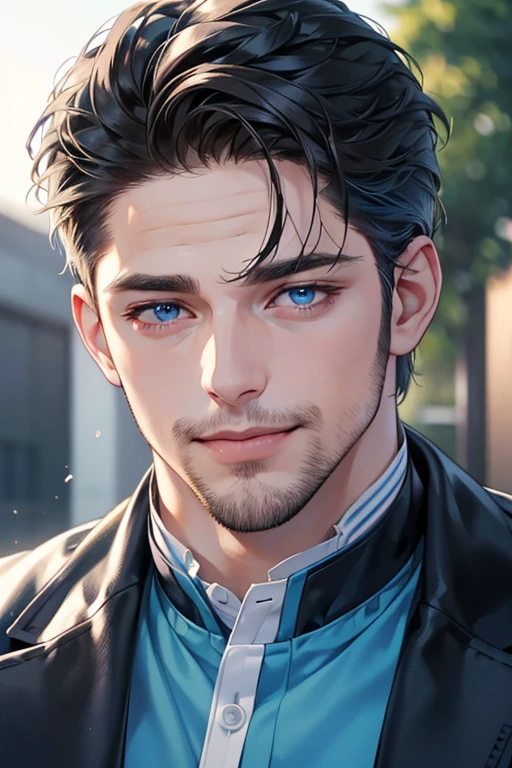 a handsome 35 year old man, 3 day beard, dark hair, sharp jawline, (mesmerizing blue eyes), perfectly styled hair, wearing cool anime outfitt, dynamic lighting, (CEO), (expression, smile in love), (best quality,4k,8k,highres,masterpiece:1.2),ultra-detailed,(realistic,photorealistic,photo-realistic:1.37)