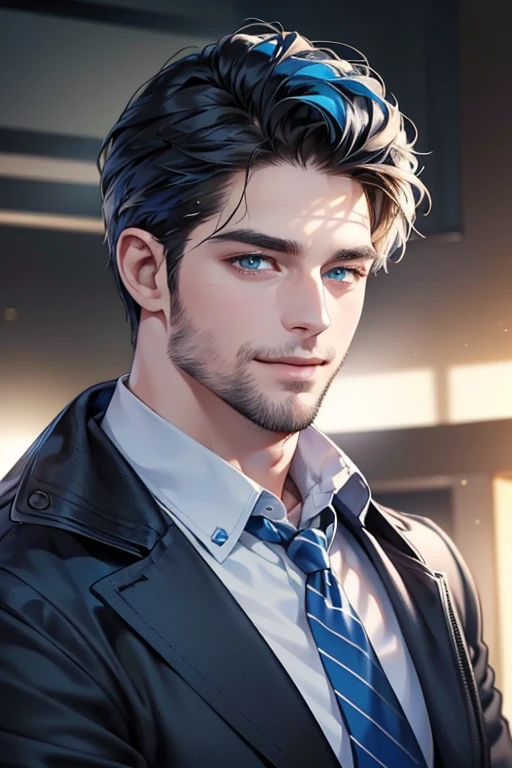 a handsome 35 year old man, 3 day beard, dark hair, sharp jawline, (mesmerizing blue eyes), perfectly styled hair, wearing cool anime outfitt, dynamic lighting, (CEO), (expression, smile in love), (best quality,4k,8k,highres,masterpiece:1.2),ultra-detailed,(realistic,photorealistic,photo-realistic:1.37)