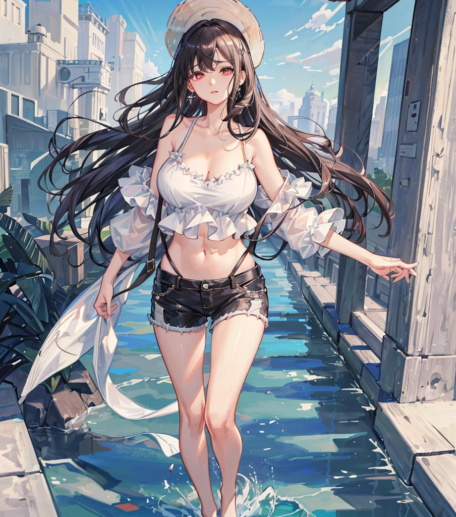 ((((absurdres, RAW photo, extremely delicate and beautiful, masterpiece, Best Quality, ultra high resolution, 32k, hyperrealistic, ultra-detailed)))), in her 20s, very Slim body, narrow waist, very small head, very small face, delicate facial features, beautiful face, beautiful eyes, ((((very huge round tits)))), medium hair, black hair, wavy hair, tearful mole, earring, ((full body shot)), casual, blouse, white shirt, buttoned shirt, bare shoulders, collarbone, midriff, navel, shorts, straw hat,