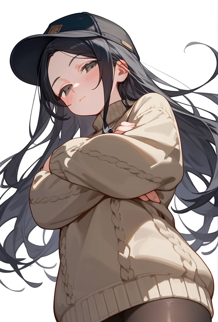 score_9, score_8_up, score_7_up, 1girl, woman, long hair, black hair, parted bangs, light black eyes, small breasts, innexpressive, beige sweater, black cap, blushing, narrowed eyes, closed mouth, standing, crossed arms, side view, thigh-high pantyhose, below view, upper body, masterpiece, best quality, white background