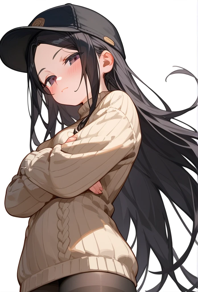 score_9, score_8_up, score_7_up, 1girl, woman, long hair, black hair, parted bangs, light black eyes, small breasts, innexpressive, beige sweater, black cap, blushing, narrowed eyes, closed mouth, standing, crossed arms, side view, thigh-high pantyhose, below view, upper body, masterpiece, best quality, white background