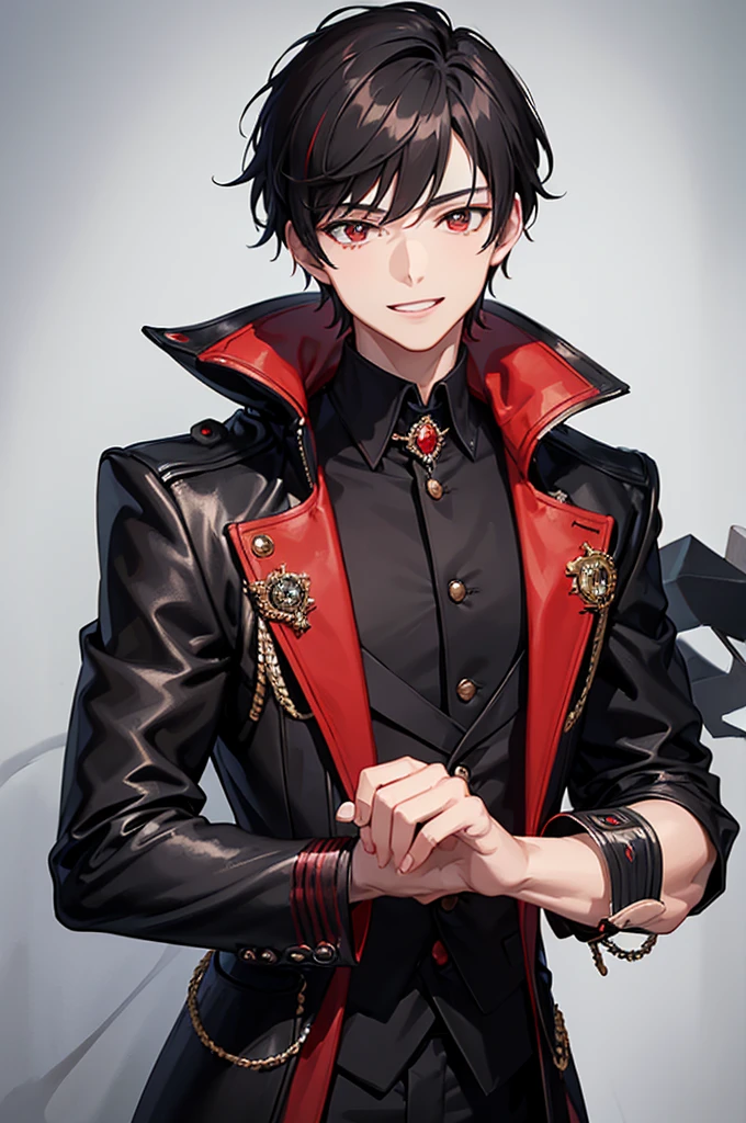 ((best quality)), ((masterpiece)), (detailed), boy in black and red coat, small smile showing teeth, black hair with red highlights 