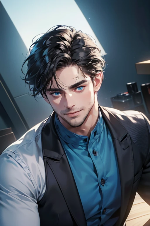 a handsome 35 year old man, 3 day beard, dark hair, sharp jawline, (mesmerizing blue eyes), perfectly styled hair, wearing cool anime outfitt, dynamic lighting, (CEO), (expression, smile in love), (best quality,4k,8k,highres,masterpiece:1.2),ultra-detailed,(realistic,photorealistic,photo-realistic:1.37)