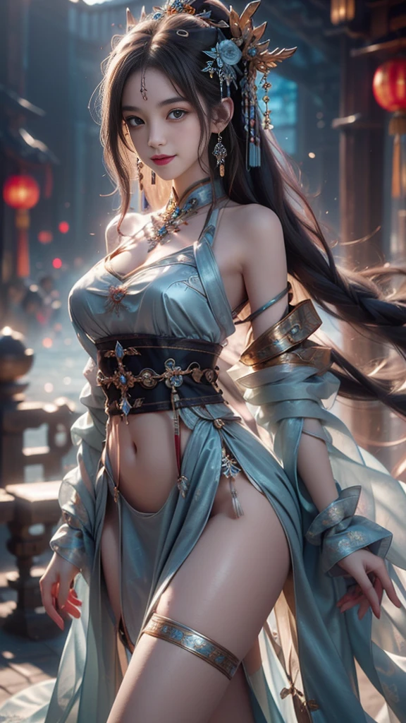8K, masterpiece, RAW photos, best quality, Reality, extremely detailed CG unity 8K wallpaper, Depth of Field, light, lens flare, Ray Tracing, (Extremely beautiful face, Beautiful lips, beautiful eyes), Complex facial details, ((Ultra-delicate skin)) , Beautiful Asian girl, ((Looking at the audience)),(big Smile), (Blurred background), midnight, (pretty girl), earrings, bracelet, necklace, Clear eyes, (Pale skin), Facing forward, (big eyes), (Looking at the audience), Large Breasts ,((Smile)), blue eyes, Shiny Dress, Open your heart, balcony, Very slim, (Medium buttocks), See-through dress, Thick thighs, Open your heart Ancient Chinese architecture，Chinese style beauty，Wear revealing Hanfu，Simple clothes， Simple style，Chinese and American mixed race，Background blur，focus，light， Seven Figures，(((tmasterpiece))), ((Best quality)), ((Complex and meticulous)), ((Surrealism)), Ridiculous resolution, , Mature woman, transparent, Very detailed, Implications, 1 Girl, (Medium breasts), Thin waist and thick hips，Long Law，Beautiful and delicate eyes, Short and delicate hair, Dark brown hair, Purple Eyes, black，lacy clothing，Hip-covering skirt，Tights，Vaguely visible，Cool clothes，Perfect body proportions，（No underwear），Panties, Detailed background, Perfect eyes, eye, （Good Hand），Detail Hand，Looking at the audiencet，From the front，Wear lightly，Juicy legs，Deep V，