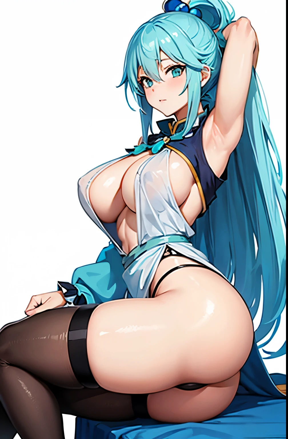 aqua konosuba, blue hair sexy girl, no clothes, big ass, big bobs, White background