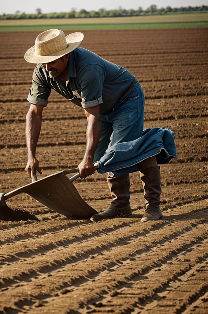 Mexican farmer with hat sowing in a plowed field