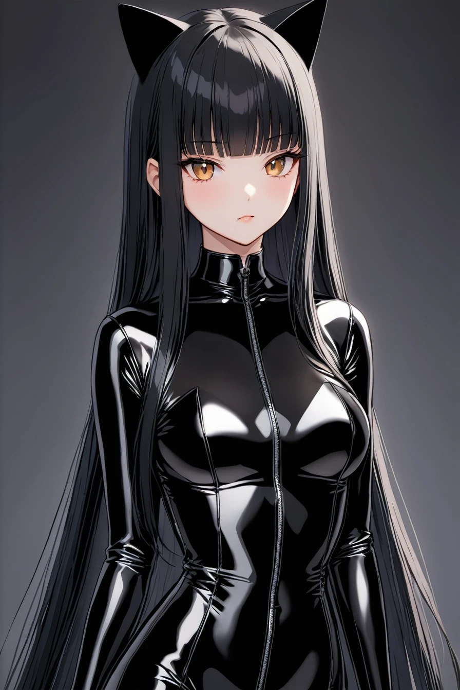Black hair long straight　Straight Hair　Smooth and straight hair　Straight bangs　cat suit