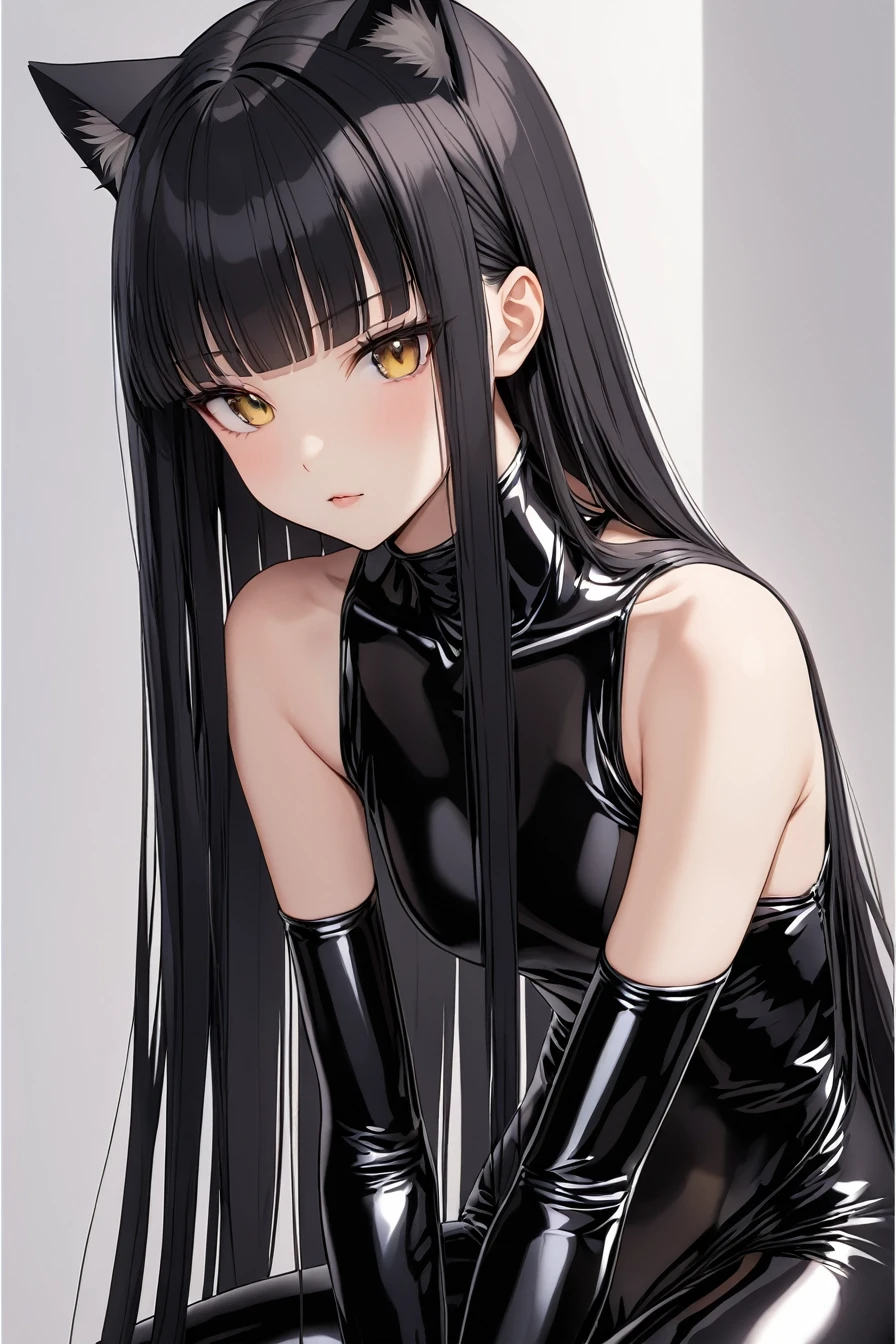 Black hair long straight　Straight Hair　Smooth and straight hair　Straight bangs　cat suit