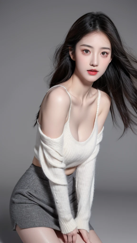 (lifelike,high resolution:1.3), slim girl, The face shape and eyes are really delicate.,black hair,red glossy lips,(beautiful face), (best quality), (very detailed), (very detailed CG 통합 8k 벽지),((gray skinny jumper)),(white background),(a little cleavage),(model photo),sexy look,big eyes,(standing),(short skirt),eyes looking at the audience,soft chest,really realistic boobs,straight chest,character center,black hair,model pose,