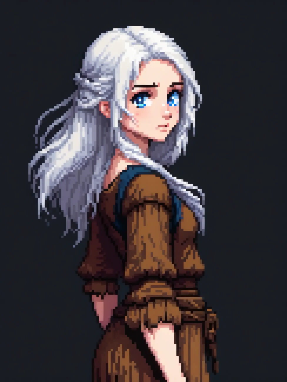 (Pixel art: 1.2), 1 young woman, 19 years old, medieval slave, white skin, white hair, wearing ragged and dirty brown peasant clothes, side view, full body, visible lips and nose, blue eyes, Black background, sad face, determined expression