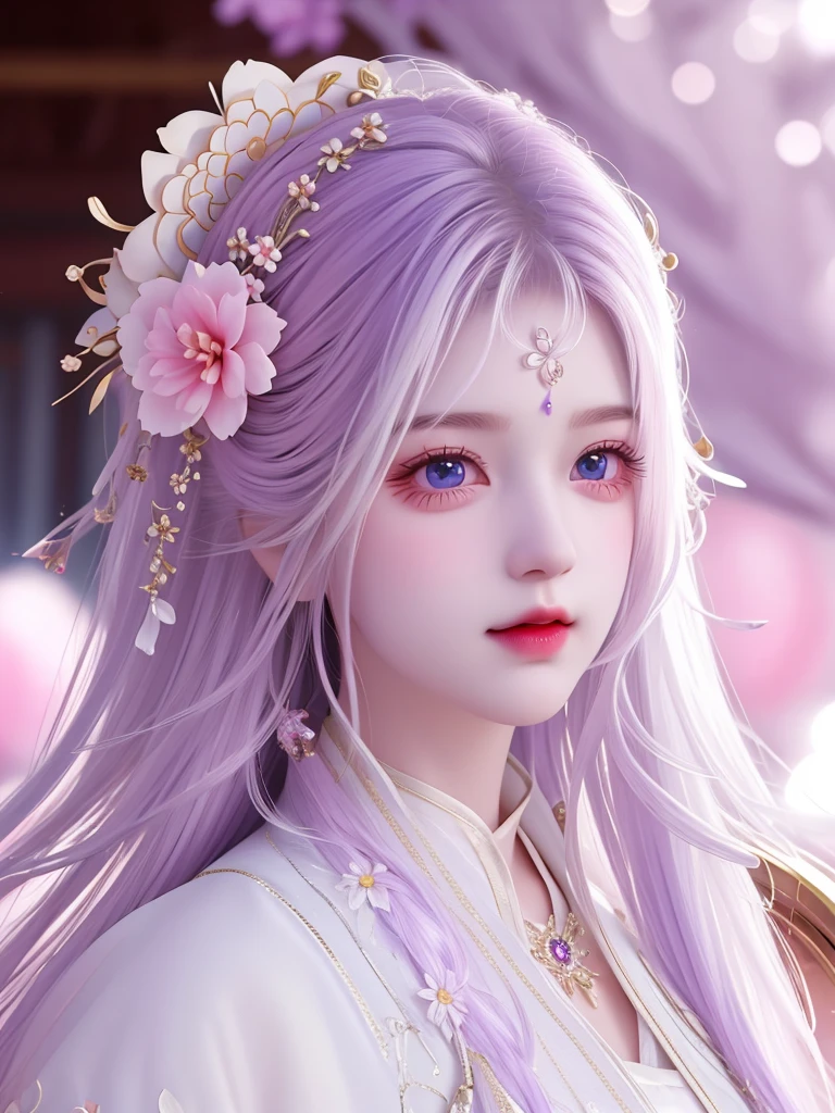 best quality, masterpiece, High target, There is a girl with a basket of flowers on her head, beautiful clothes, Hair Decorationss, necklace, Decorations, Pretty Face, When the body, Tyndall effect, Realistic Portraits, Edge lighting, Two-color light, (Very delicate skin:1.2), 8K uhd, Digital SLR Camera, Soft Light, high quality, Volumetric Lighting, Honest, photo, high resolution, 4K, 8K, Bokeh, White hair，purple hair ends, Pink Eyes.