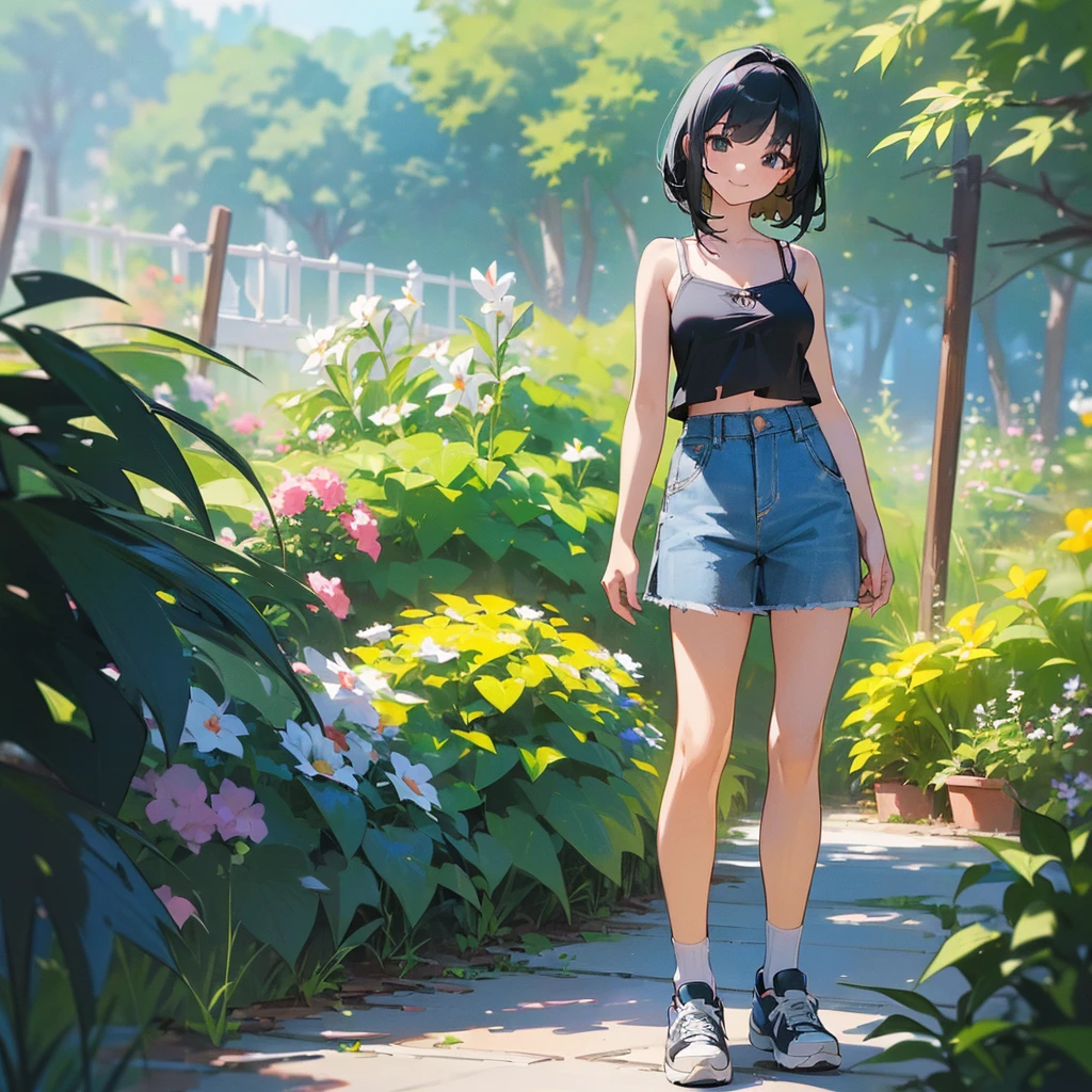 (high quality, High resolution, Very detailed, reality:1.37), Peaceful atmosphere, (Outdoor, garden), Teenage girl standing alone, (my breasts are big.), Beautiful details, Cute Smile, (Black bob hair), camisole, Denim skirt, Blue socks, sneakers.