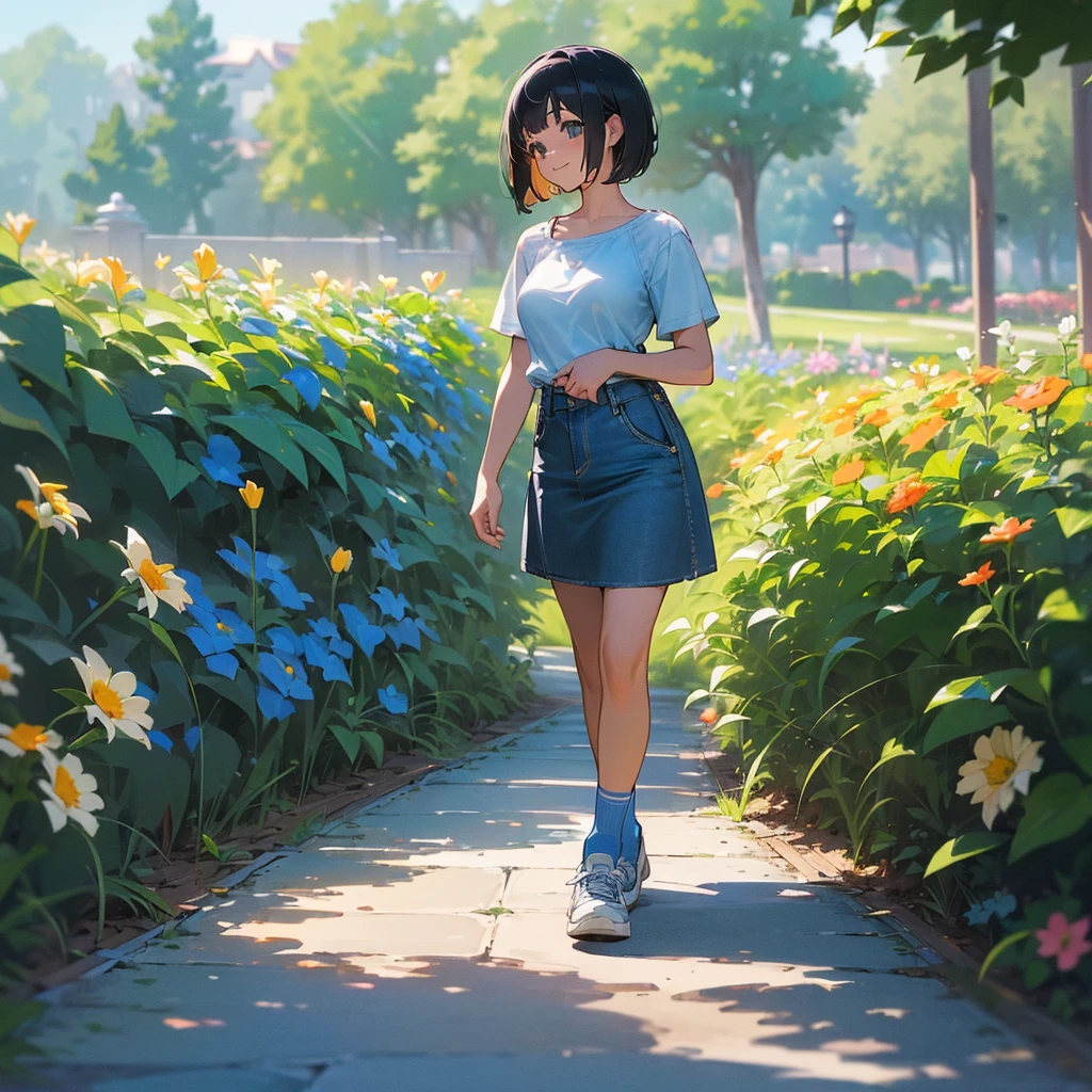 (high quality, High resolution, Very detailed, reality:1.37), Peaceful atmosphere, (Outdoor, garden), Teenage girl standing alone, (my breasts are big.), Beautiful details, Cute Smile, (Black bob hair), camisole, Denim skirt, Blue socks, sneakers.