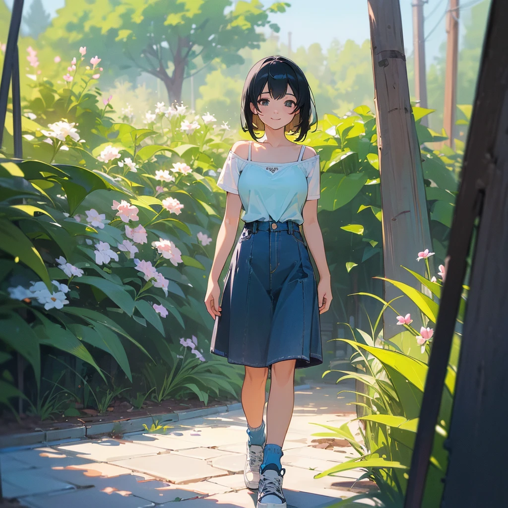 (high quality, High resolution, Very detailed, reality:1.37), Peaceful atmosphere, (Outdoor, garden), Teenage girl standing alone, (my breasts are big.), Beautiful details, Cute Smile, (Black bob hair), camisole, Denim skirt, Blue socks, sneakers.